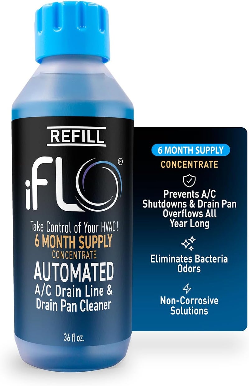 iFLO ® Smart A/C Drain Line Cleaner and Drain Pan Cleaner Cartridge Concentrate, Fast-Acting, Long-Lasting HVAC System Solution for Tough Clogs & Buildup, 6-Month Supply per Bottle, 1 Pack of 36oz - Image 1